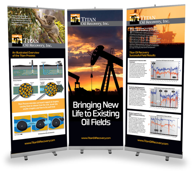 Large trade show retractible banners designed for Titan Oil Recovery.
