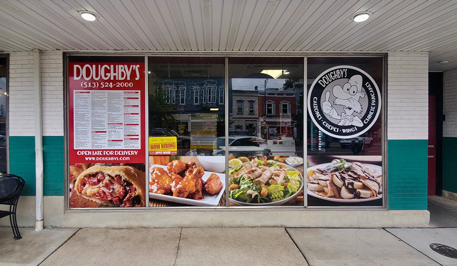 Window banners for Doughby's Restaurant in Oxford, Ohio.