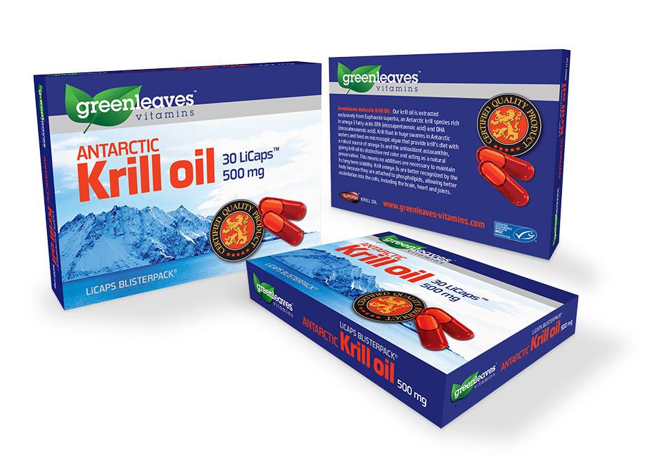 Packaging design for Greenleaves Antarctic Krill Oil capsules.