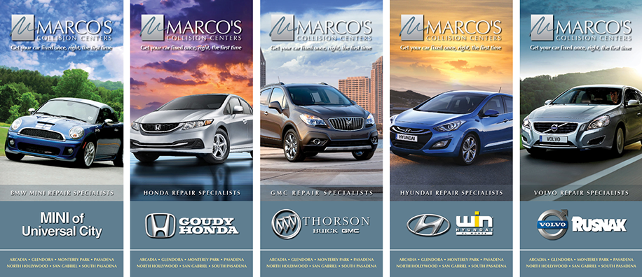 Ten new brochures designed for Marco's Collision Centers in Southern California. We've helped Marco's grow from one to 16 locations.
