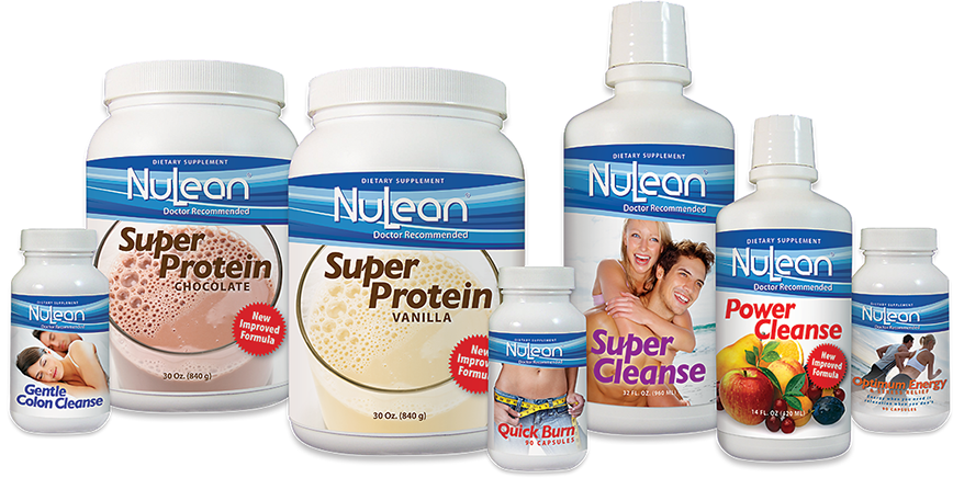 Label design for NuLean Weight Loss System's product line. Products look coordinated and professional.