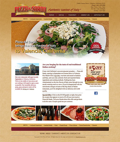 Web site design for Pizza del Sardo authentic Italian restaurant in Valencia, California.