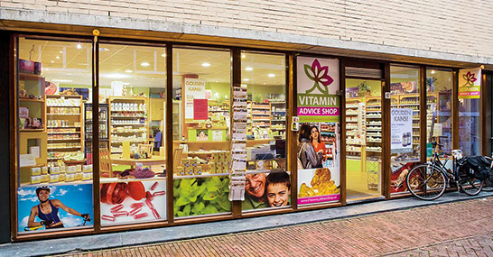 Designs for windows of a vitamin shop in Amsterdam, Netherlands.