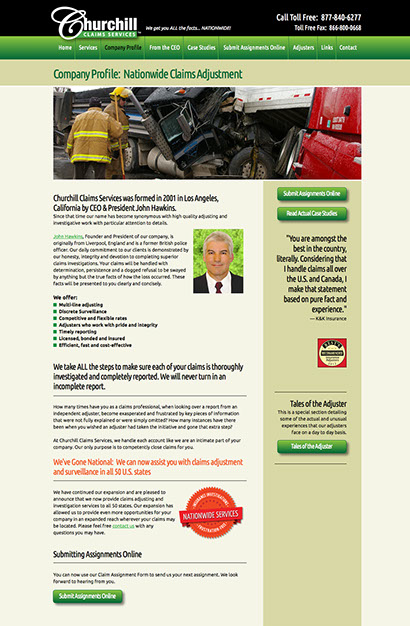 Web site design for Churchill Claims Services of Largo, Florida.