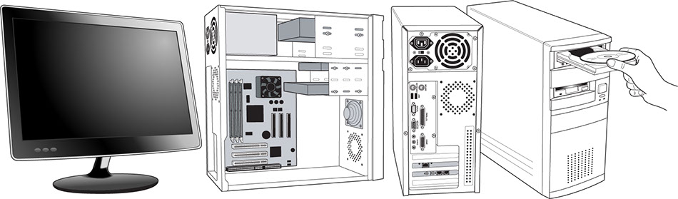 Illustrations of computers and monitor.
