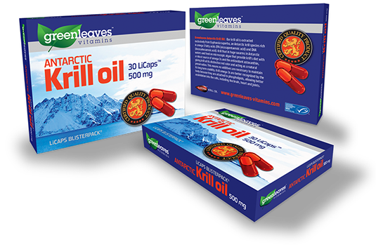 Packaging design for Greenleaves Vitamins krill oil box.