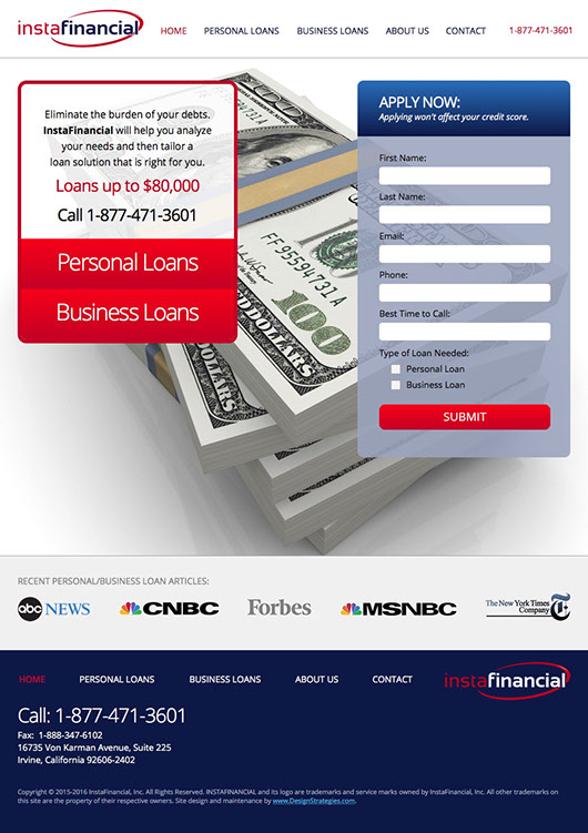Web site design for InstaFinancial LLC financial services company in Irvine, California.